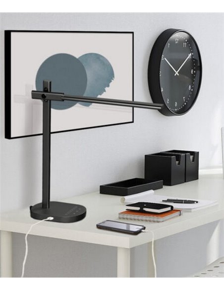 Lámpara de escritorio negro Laysan – ACB – Temperatura de luz e intensidad regulable, Temporizador, Cargador USB, Botón táctil