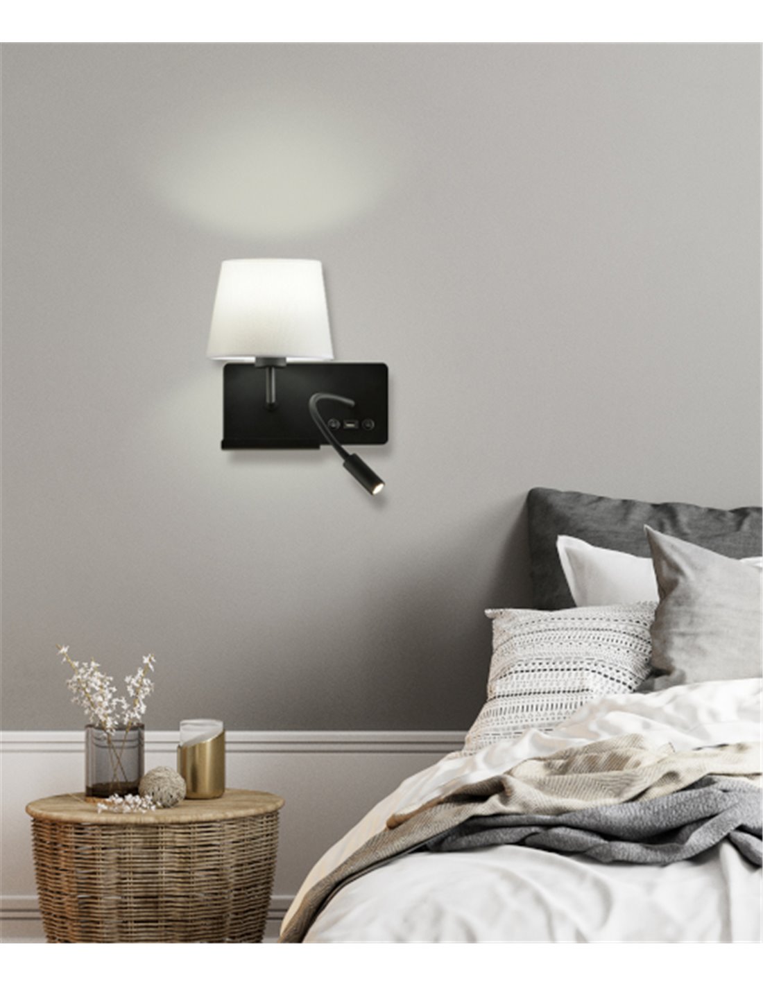 Lámpara de pared Hold – ACB – Izquierda, Flexo de lectura, Cargador USB