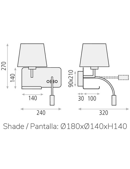Lámpara aplique de pared Hold – ACB – Izquierda, Flexo de lectura, Cargador USB 