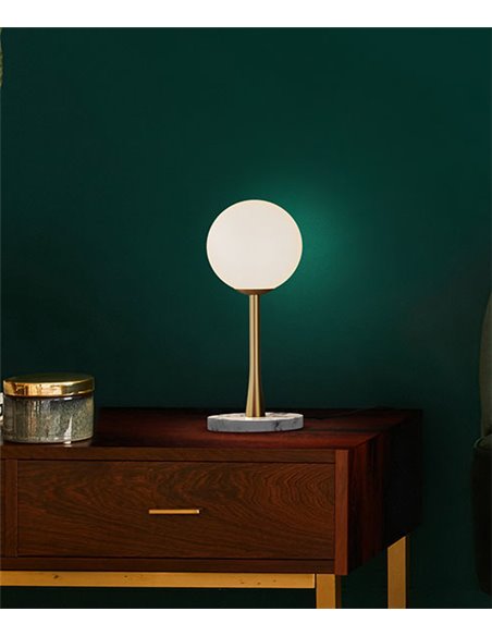 Lámpara de mesa Ricarda – Robin – Lámpara decorativa tipo bola, Base de mármol, Estructura dorada