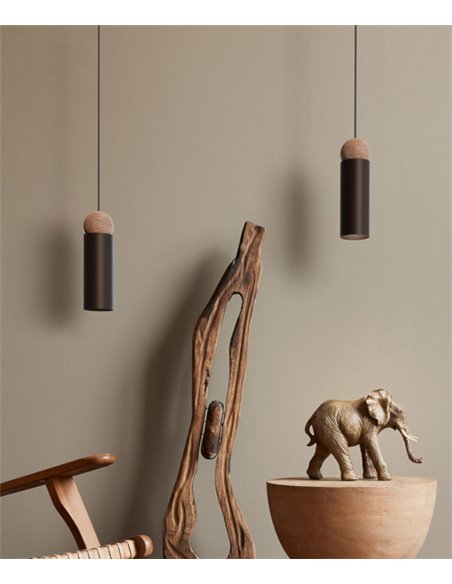 Lámpara colgante Rocio – Robin – Diseño minimalista, Estructura de metal con bola de madera de fresno, Altura regulable