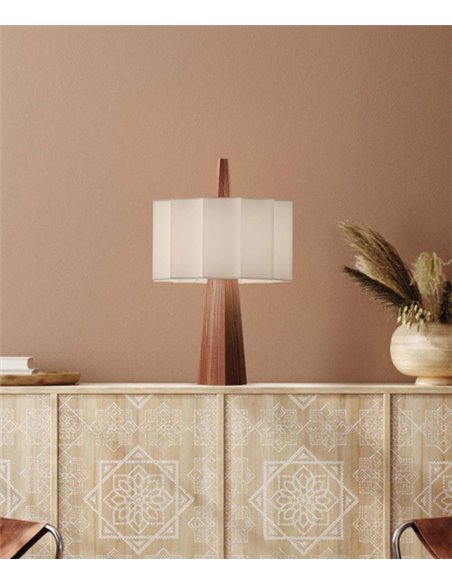 Lámpara de mesa Rain – Robin – Lámpara de madera de castaño con pantalla blanca, Cable azul