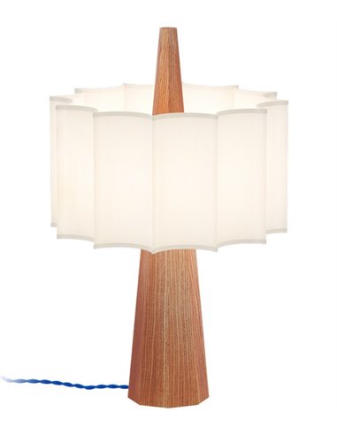 Lámpara de mesa Rain – Robin – Lámpara de madera de castaño con pantalla blanca, Cable azul