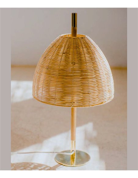 Lámpara de mesa Ama – Luxcambra – Pantalla de mimbre natural trenzado a mano, estructura blanca