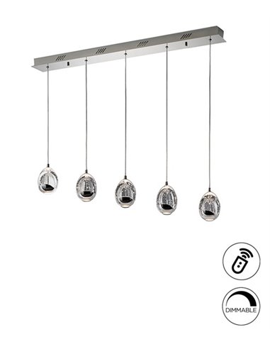 Lámpara colgante lineal Rocío – Schuller – Lámpara LED regulable, 5 pantallas de cristal