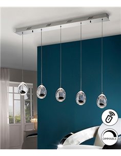 Lámpara colgante lineal Rocío – Schuller – Lámpara LED regulable, 5 pantallas de cristal