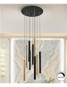 Lámpara colgante Varas – Schuller – Lámpara redonda, con 9 tulipas tubulares en dorado y negro