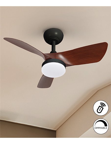 Ventilador de techo con luz Tropic – Schuller – Motor DC, 6 velocidades, acabado nogal