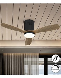 Ventilador de techo con luz Mini Siroco – Schuller –  Palas nogal, motor DC, 6 velocidades