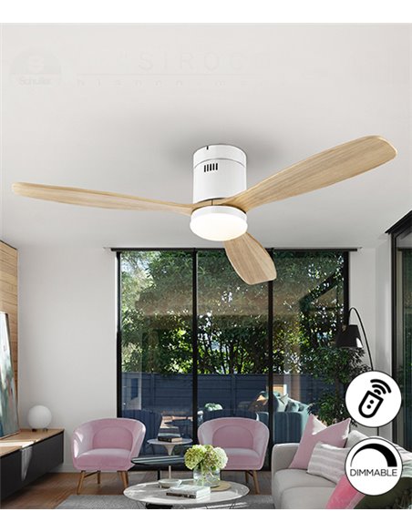 Ventilador de techo con luz Siroco – Schuller – Acabado blanco, palas de madera