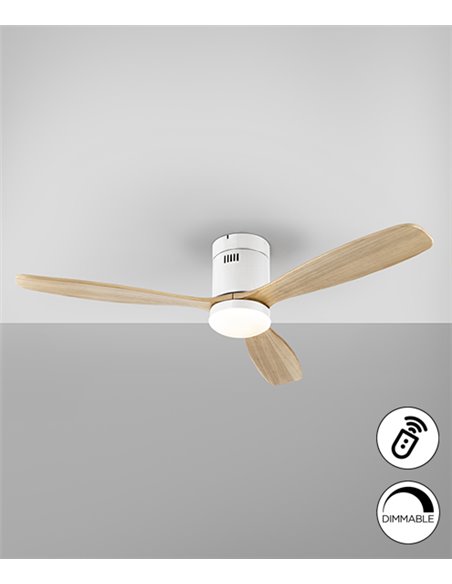 Ventilador de techo con luz Siroco – Schuller – Acabado blanco, palas de madera