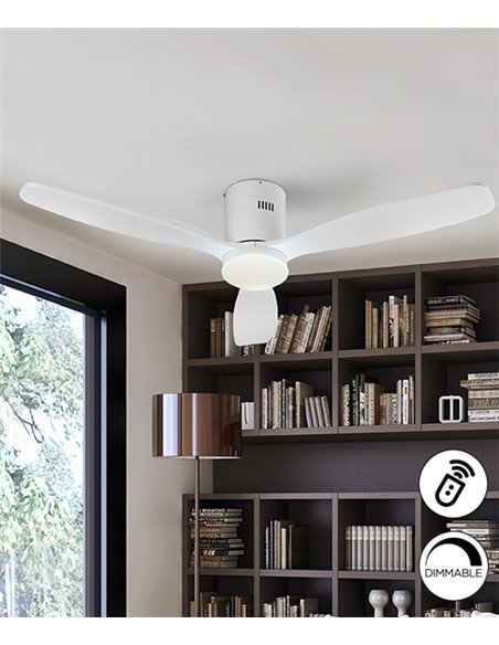 Ventilador con luz Siroco – Schuller – Palas de madera blanca, motor DC, 6 velocidades