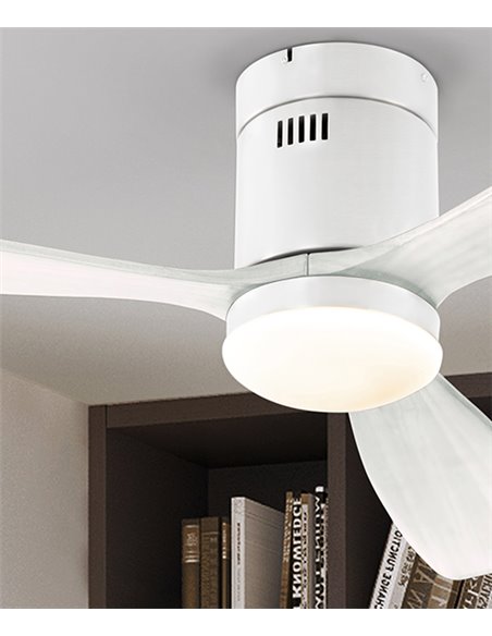 Ventilador con luz Siroco – Schuller – Palas de madera blanca, motor DC, 6 velocidades