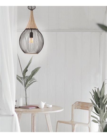 Lámpara colgante Zagoratan – IDP Lampshades – Lámpara vintage de metal negro y rattan natural