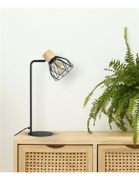 Lámpara de mesa Sequoia – IDP Lampshades – Pantalla jaula orientable, metal negro y efecto madera 