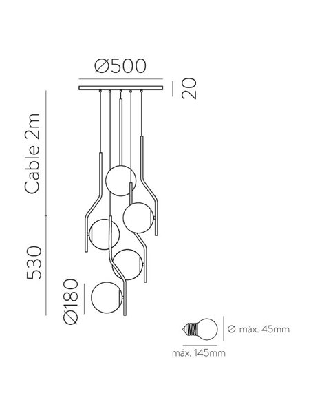 Lámpara colgante de techo Maui – ACB – 5 luces, Lámpara tipo bola