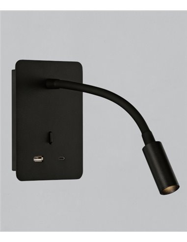 Flexo de pared Senda – ACB - Cargador USB, Metal Negro/Blanco, LED 3000K