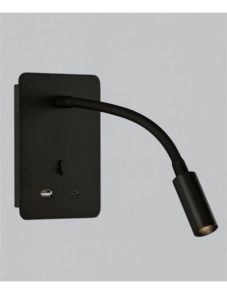 Flexo de pared Senda – ACB - Cargador USB, Metal Negro/Blanco, LED 3000K