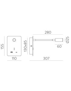 Aplique de pared - ACB - Aplique LED de lectura flexible con USB e interruptor