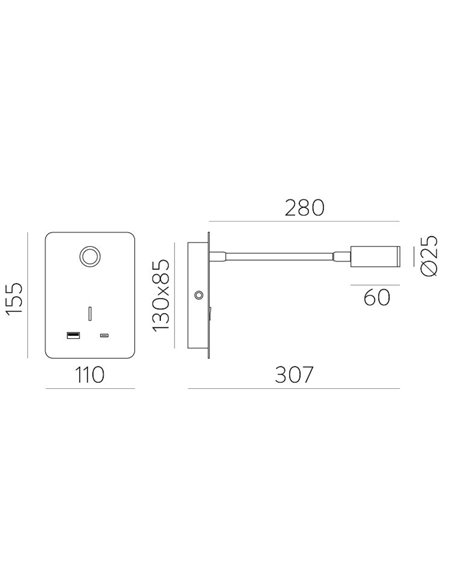 Flexo de pared Senda – ACB - Cargador USB, Metal Negro/Blanco, LED 3000K