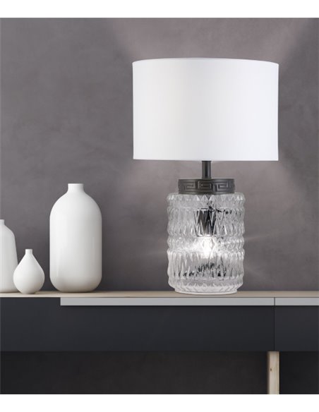 Lámpara de mesa Malmo – AJP – Lámpara decorativa de cristal con pantalla de tela blanca