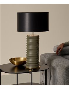 Lámpara de Mesa Taro - Aromas - Lámpara decorativa de cerámica verde, con base torneada y elegante pantalla negra