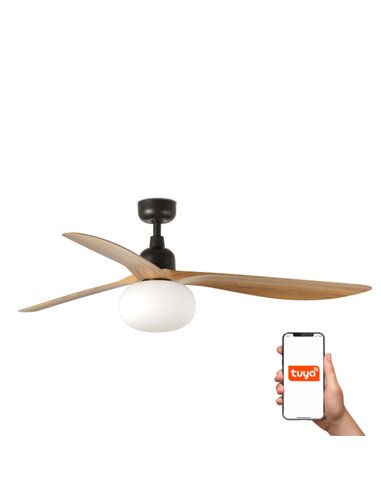 Ventilador de techo con luz Outwood L Smart - Faro - Palas de madera de roble, apto exterior