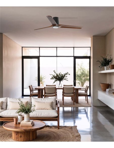 Ventilador de techo con luz Heywood Tub LED L - Faro - Ventilador DC de nogal