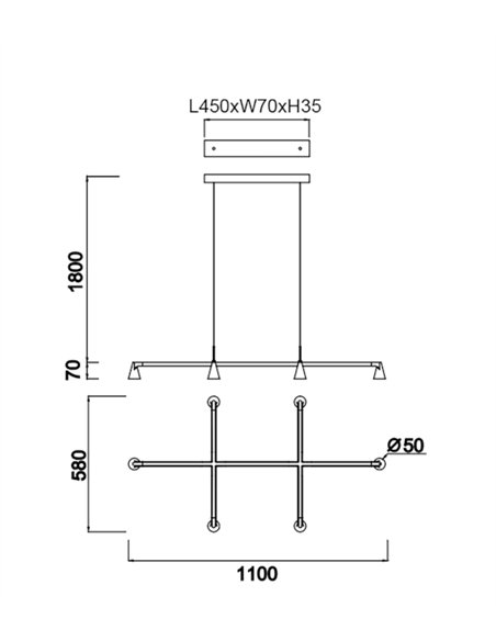 Lámpara colgante África - Mantra - Lámpara horizontal negra con 6 luces