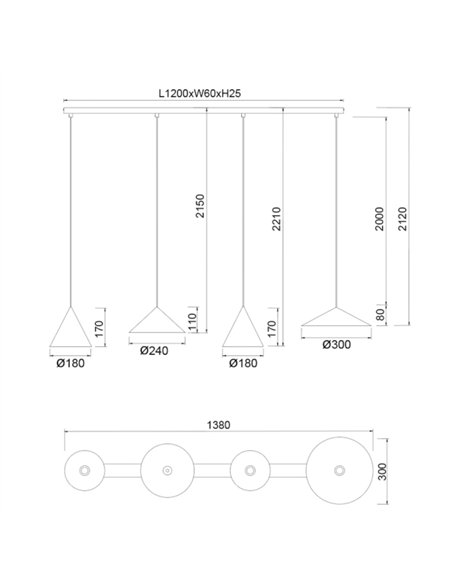 Lámpara colgante Cono - Mantra - Lámpara lineal con 4 pantallas cónicas