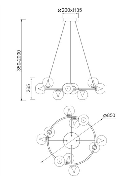 Plafón de techo Andrómeda - Mantra - Colgante circular de vidrio con múltiples luces