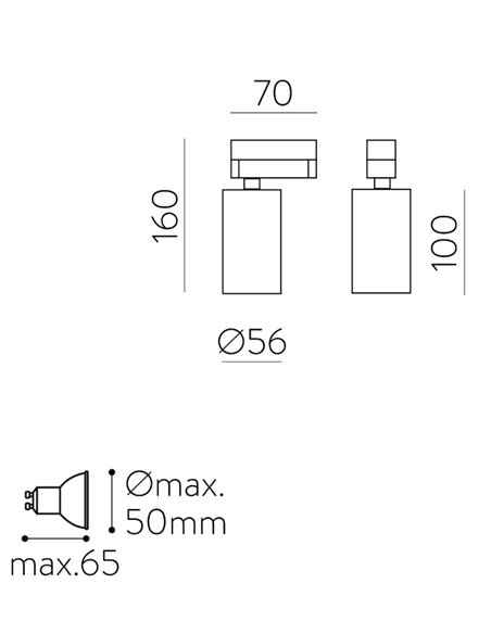 Foco para carril trifásico Zoom - ACB - Luz orientable en blanco o negro