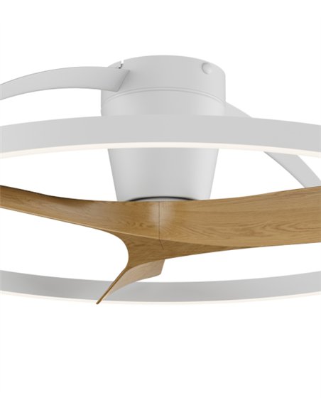 Plafón ventilador Nepal II - Mantra - Aro decorativo, acabado blanco y madera y luz regulable