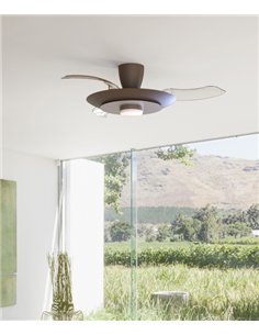 Plafón ventilador Kyoto - Mantra - Acabado café y níquel cepillado con aspas transparentes