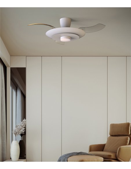 Plafón ventilador con luz Kyoto - Mantra - Ventilador blanco con aspas transparentes, luz regulable y motor ultrasilencioso