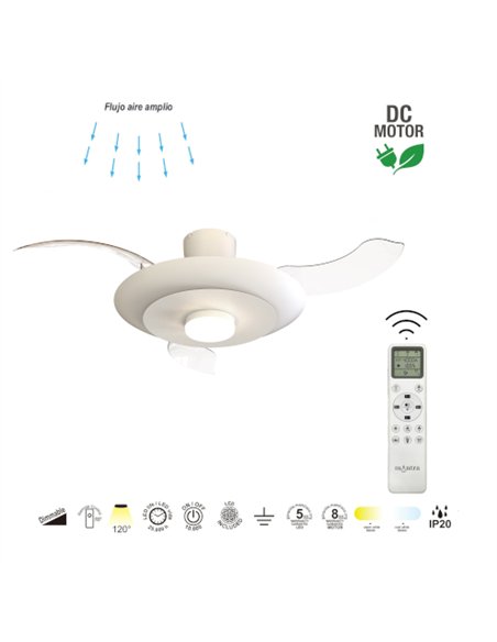 Plafón ventilador con luz Kyoto - Mantra - Ventilador blanco con aspas transparentes, luz regulable y motor ultrasilencioso