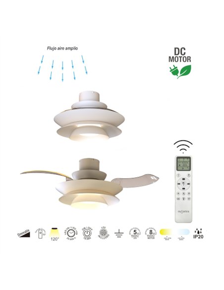 Plafón ventilador con luz Aconcagua - Mantra - Blanco con aspas transparentes, luz regulable y motor ultrasilencioso