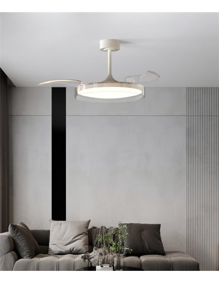 Plafón ventilador con luz Glass Fan - Mantra - Blanco con aspas retráctiles transparentes, LED regulable y mando a distancia