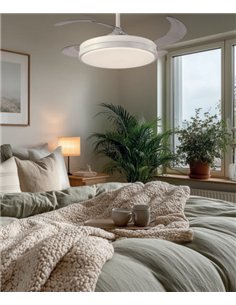 Ventilador de techo con luz Sena - ALG - Ventilador blanco con aspas retráctiles, motor ultrasilencioso y mando a distancia