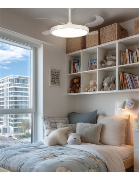 Ventilador de techo con luz Ural - ALG - Blanco con aspas retráctiles, difusor plano y motor ultrasilencioso