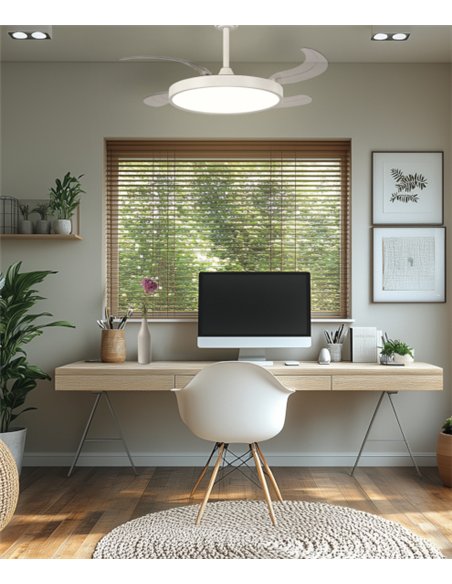 Ventilador de techo con luz Ural - ALG - Blanco con aspas retráctiles, difusor plano y motor ultrasilencioso