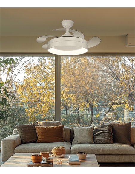 Ventilador de techo con luz Volga - ALG - Aspas retráctiles en blanco con luz regulable y mando a distancia