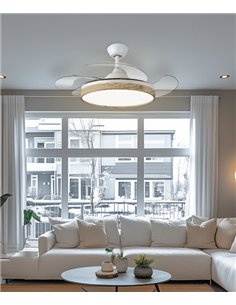 Ventilador de techo con luz Tíber - ALG - Blanco con aspas retráctiles y aro decorativo de madera