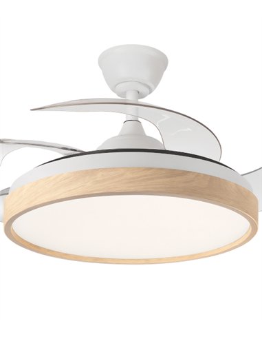Ventilador de techo con luz Tíber - ALG - Blanco con aspas retráctiles y aro decorativo de madera