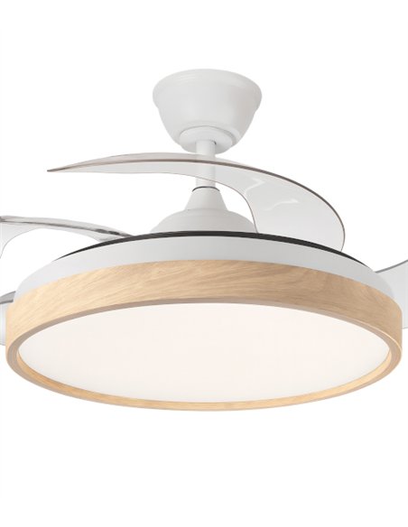 Ventilador de techo con luz Tíber - ALG - Blanco con aspas retráctiles y aro decorativo de madera