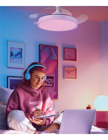 Ventilador de techo con luz RGB Tíber - ALG - Blanco con aspas retráctiles, control por app y mando a distancia