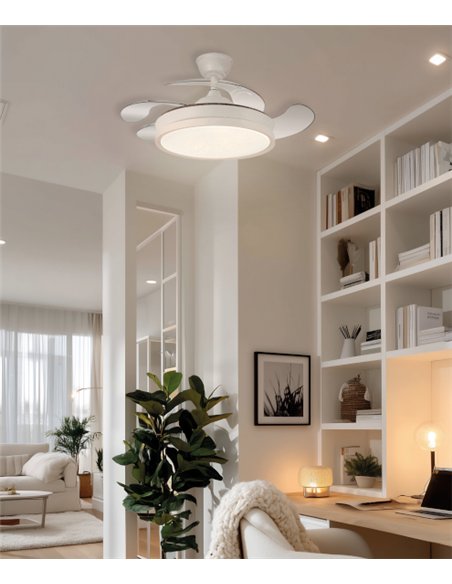 Ventilador de techo con luz Tíber Mini - ALG - Ventilador blanco con aspas retráctiles y luz regulable