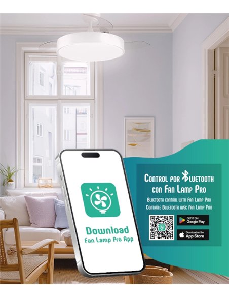 Ventilador de techo con luz Júcar - ALG - Blanco con control Bluetooth, aspas abatibles y luz regulable