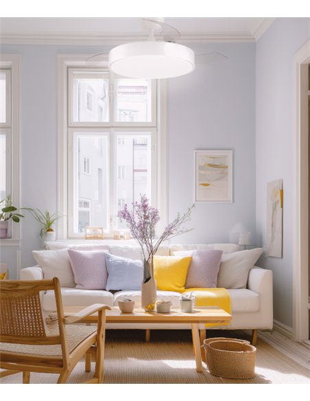 Ventilador de techo con luz Esla - ALG - Aspas retráctiles en blanco con mando a distancia y motor ultrasilencioso