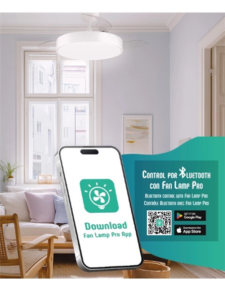 Ventilador de techo con luz Esla - ALG - Aspas retráctiles en blanco con mando a distancia y motor ultrasilencioso